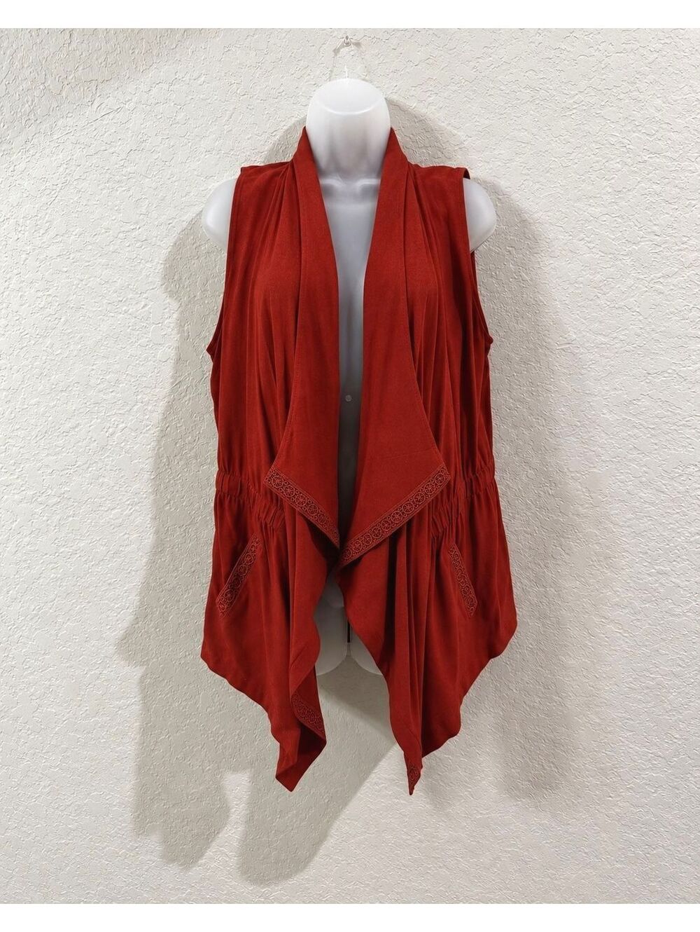 Cato EST 1946 Women's L Red Waterfall Vest Open Front Rayon Boho Pockets